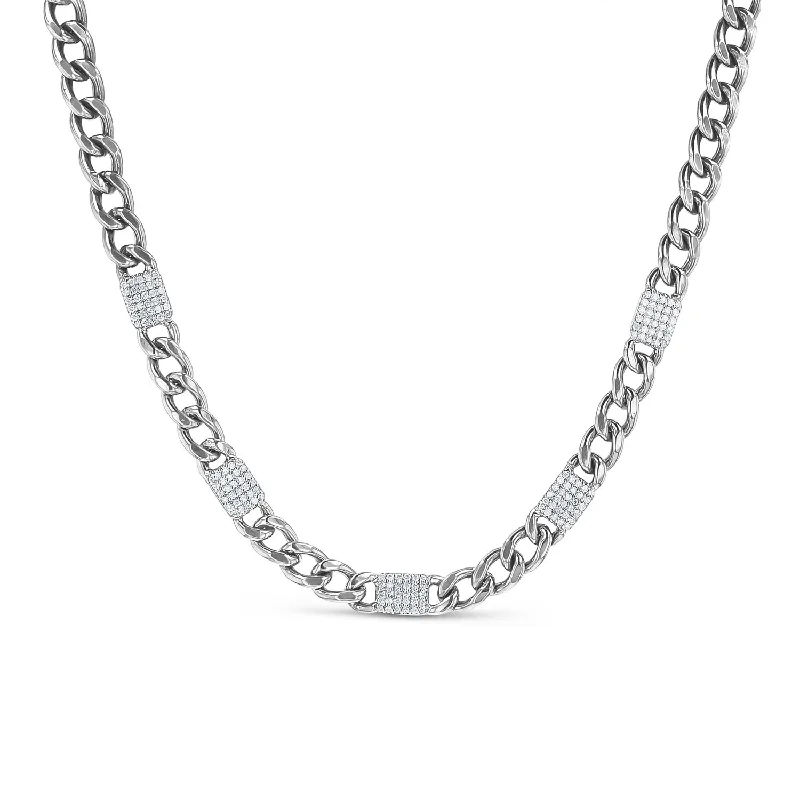 Custom Name Necklaces-Flat Curb Chain Necklace with Diamond Tile Stations N0002821