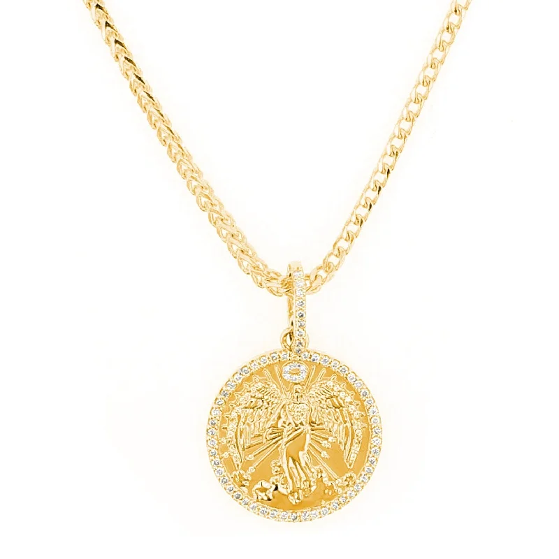 Circle Pendant Necklaces-14K Gold and Diamond Guardian Angel Coin Necklace  NG002657