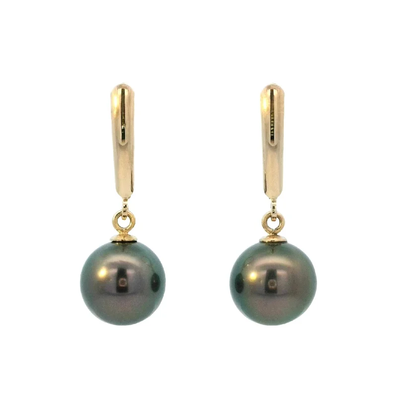 Minimalist Fashion Earrings-Tahitian Pearl Leverback Dangle Earrings in Yellow Gold