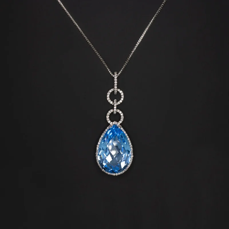 Eco-friendly Necklaces-30ct BLUE TOPAZ DIAMOND NECKLACE DROP PENDANT 18k WHITE GOLD PEAR SHAPE NATURAL