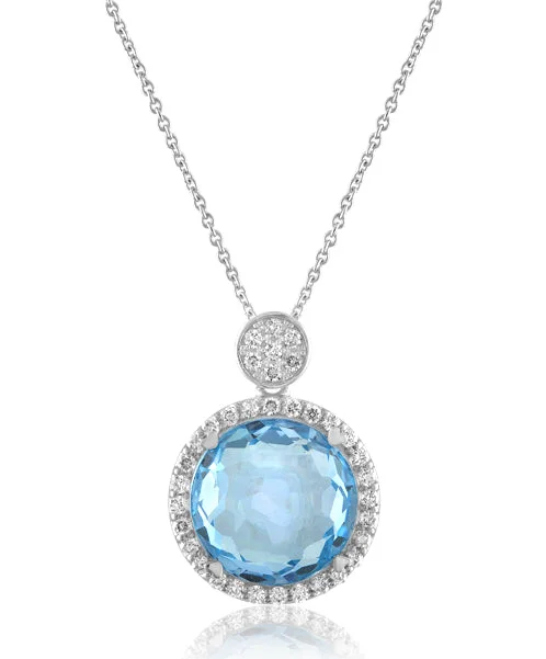 Silver Heart Necklaces-Sky Blue Topaz Mini Round Necklace with Diamonds 347-JSA