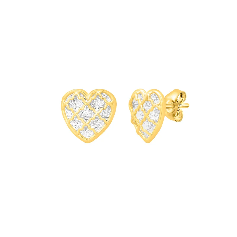 Dangle Earrings-14K Gold Diamond Cut Checkered Heart Studs