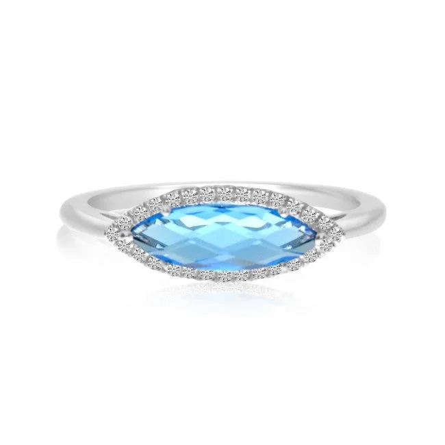 Men’s Wedding Rings With Diamonds-14K White Gold Elongated Marquise Blue Topaz and Diamond Semi Precious Ring RM3977W