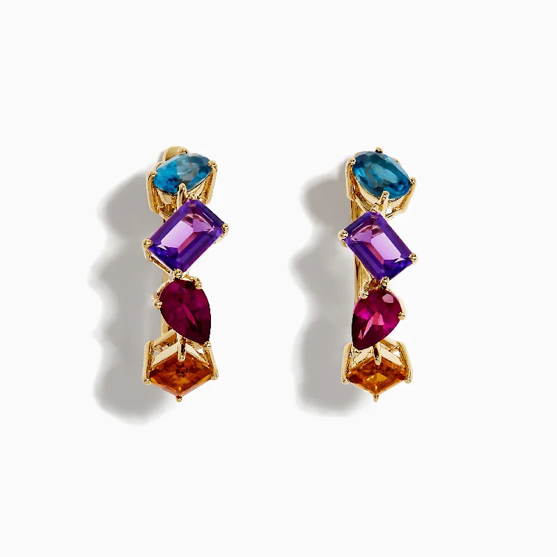 Fashion Drop Hoop Earrings-Mosaic 14K Yellow Gold Multi Gemstone Earrings