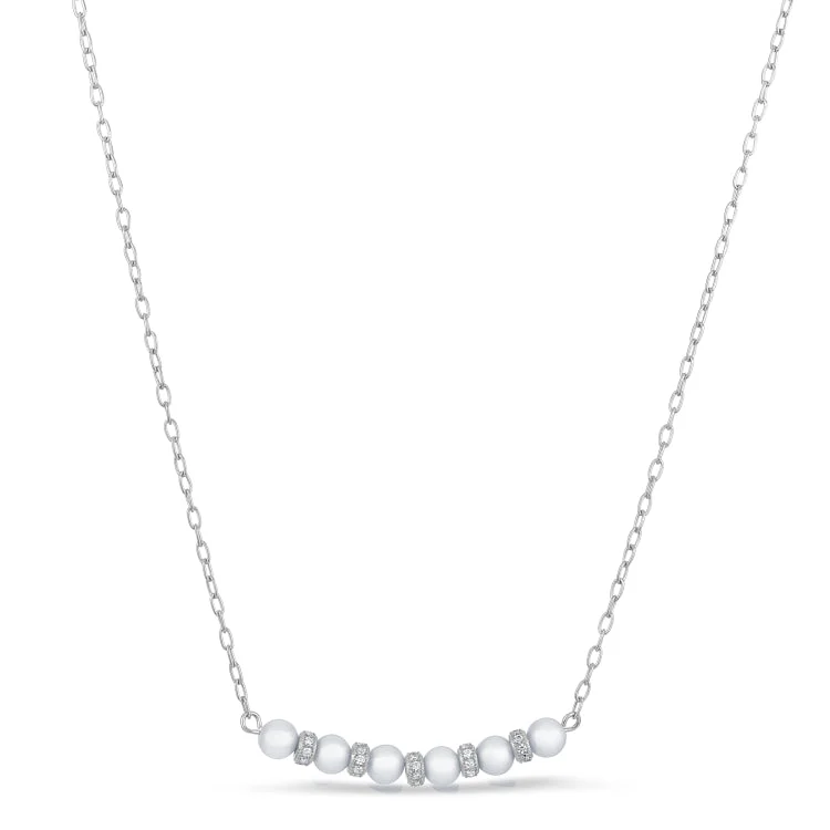 Unique Gemstone Necklaces-Platinum Finish Sterling Silver Micropave Pearl and Simulated Diamond Necklace - Adjustable 18"-20"