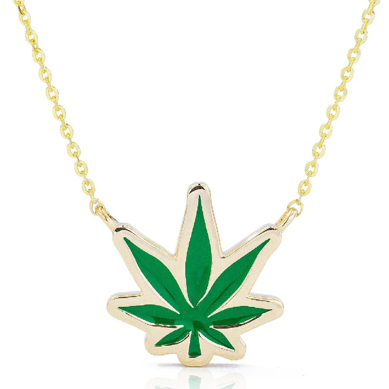 Dainty Necklaces-14k Gold Pot Leaf Green Enamel Necklace