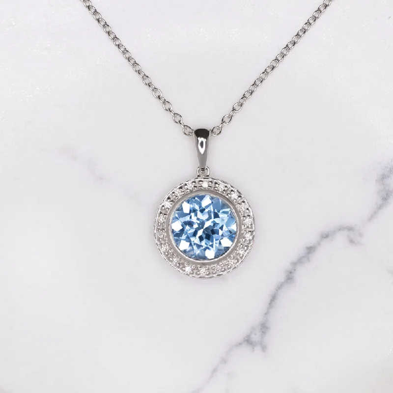 Boho Pendant Necklaces-4 ct SWISS BLUE TOPAZ DIAMOND PENDANT NECKLACE 14k WHITE GOLD HALO ROUND CUT