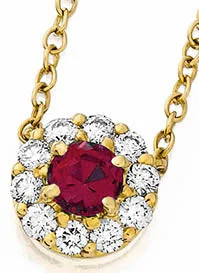 Colored Gemstone Necklaces-0.26Ct Ruby and 0.10Ct Diamond Halo Necklace in 18K Yellow Gold, 16inch