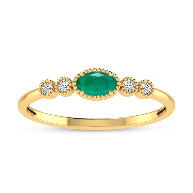 Trendy Wedding Rings-14K Yellow Gold Oval Emerald and Diamond Stackable Ring RM4307X-MAY