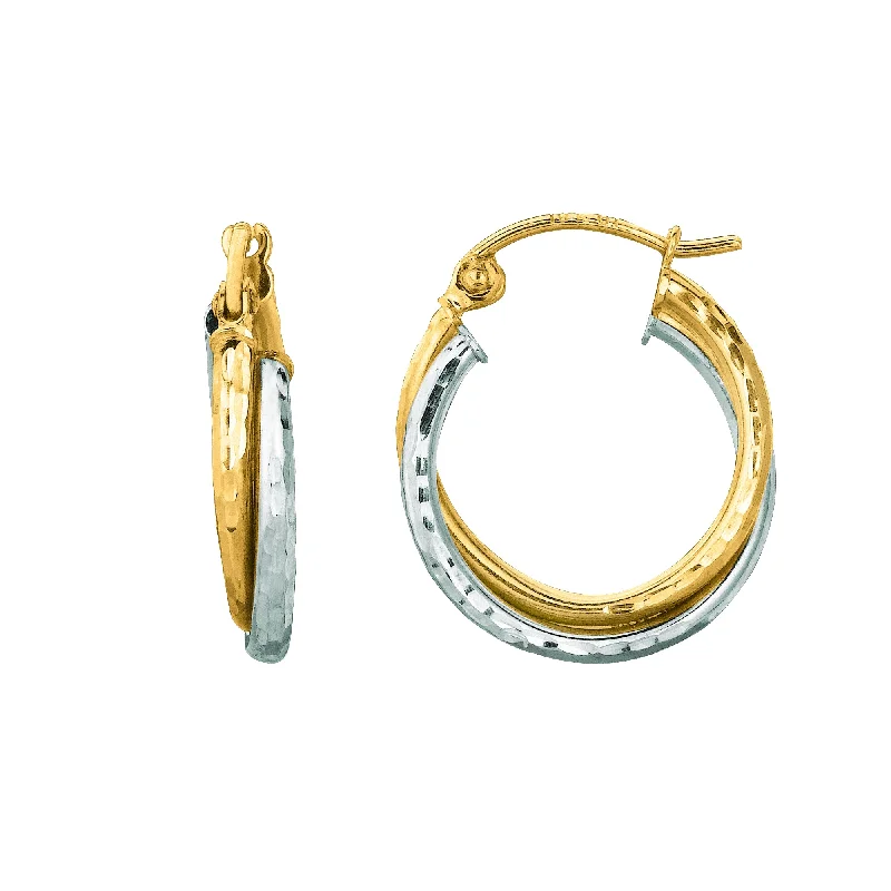 Minimalist Hoop Drop Earrings-14K Gold Double Row Diamond Cut Hoop Earring