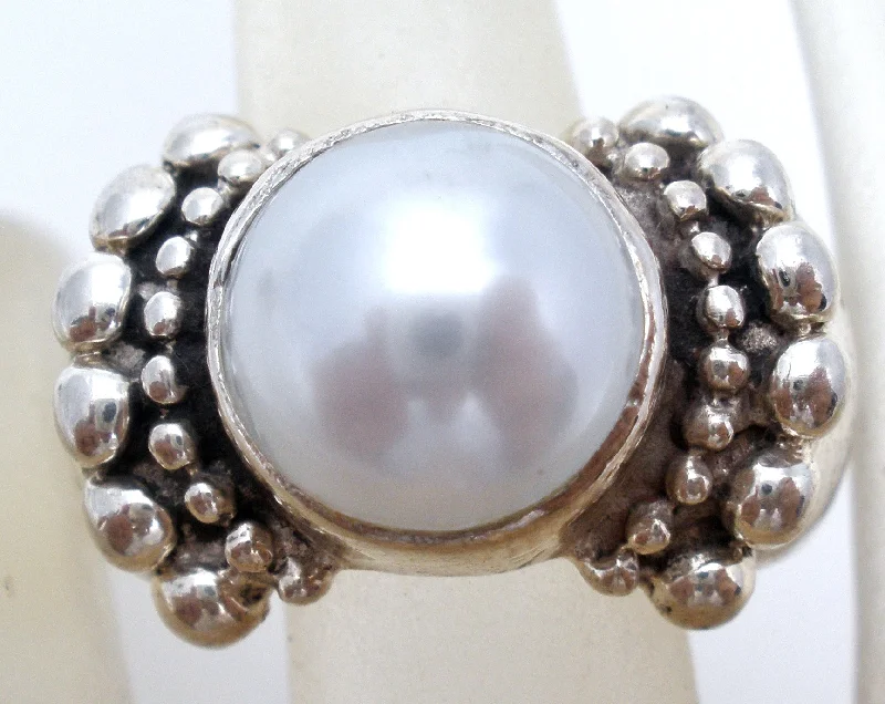 Custom Rings-Sterling Silver Faux Pearl Ring Size 9