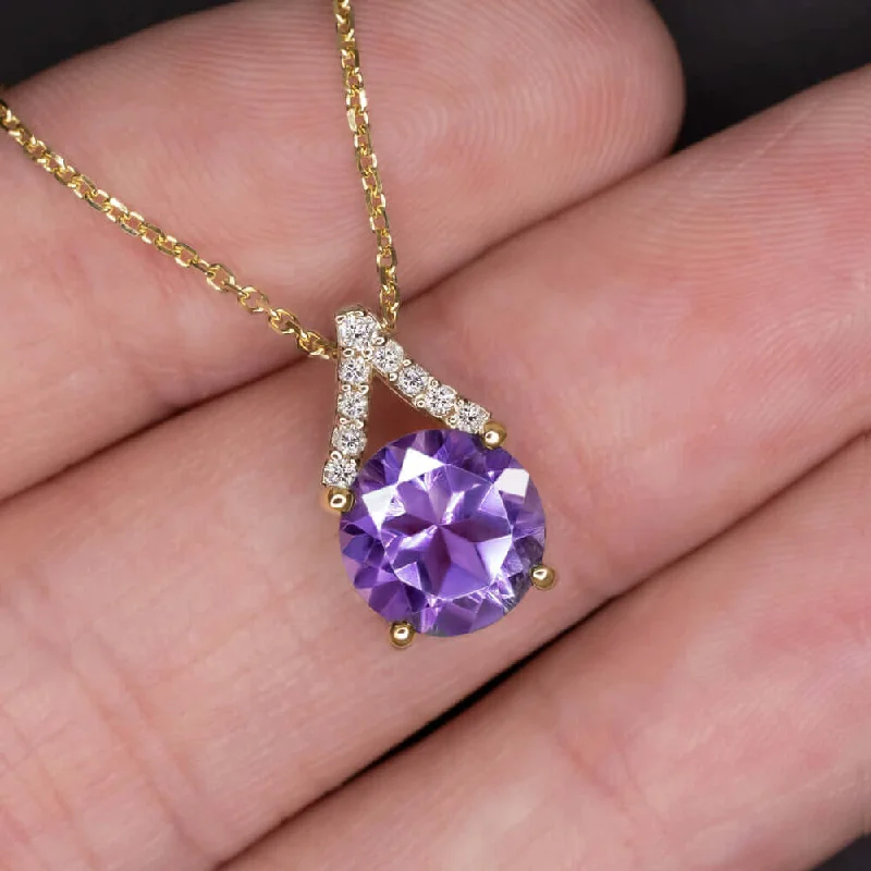 Silver Cross Necklaces-AMETHYST NATURAL DIAMOND PENDANT YELLOW GOLD NECKLACE PURPLE FEBRUARY BIRTHSTONE