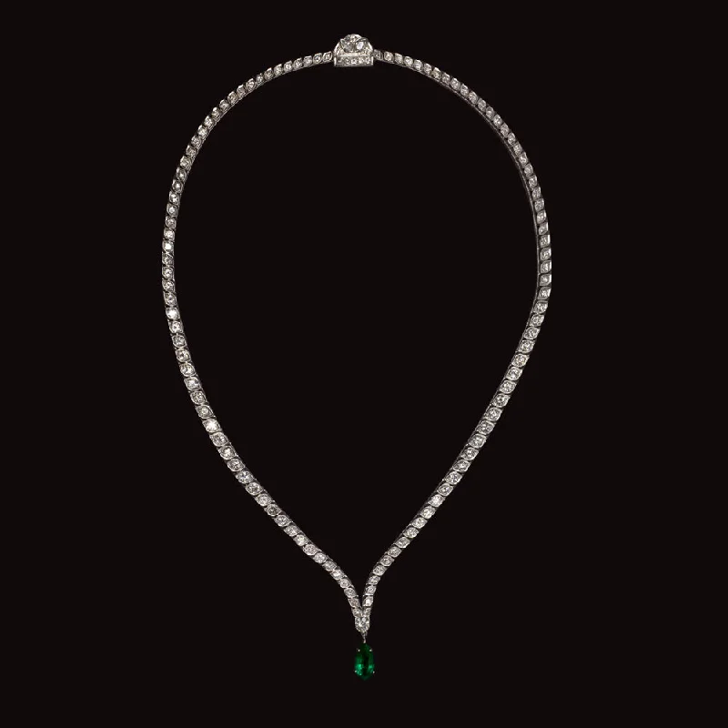 Colorful Beaded Necklaces-CHATHAM EMERALD 6.75ct NATURAL DIAMOND NECKLACE PLATINUM 39.4 gram RIVIERE DROP