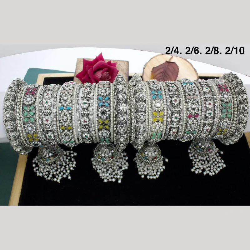 Bangles With Sliding Lock-JCM Oxidised Plated Pota Stone And Pearls Bangles Set