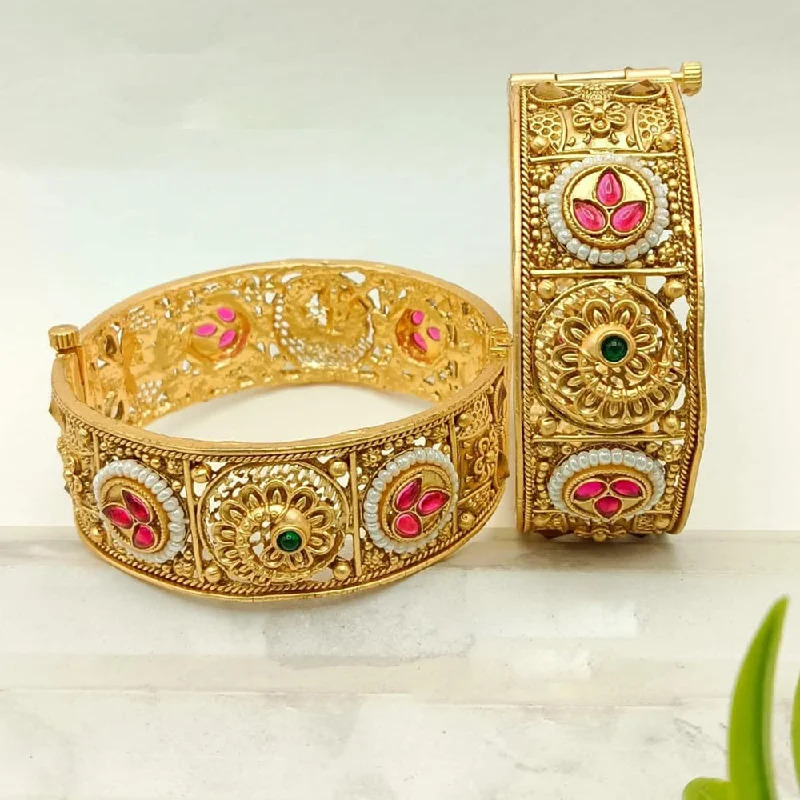 Bangles For Nepali Weddings-FS Collection Gold Plated Pota Stone And Pearls Openable Bangle Set