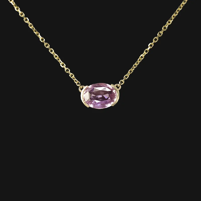 Rose Gold Necklaces-PINK SAPPHIRE PENDANT NECKLACE OVAL CUT EAST WEST 14k YELLOW GOLD NATURAL 1.17ct