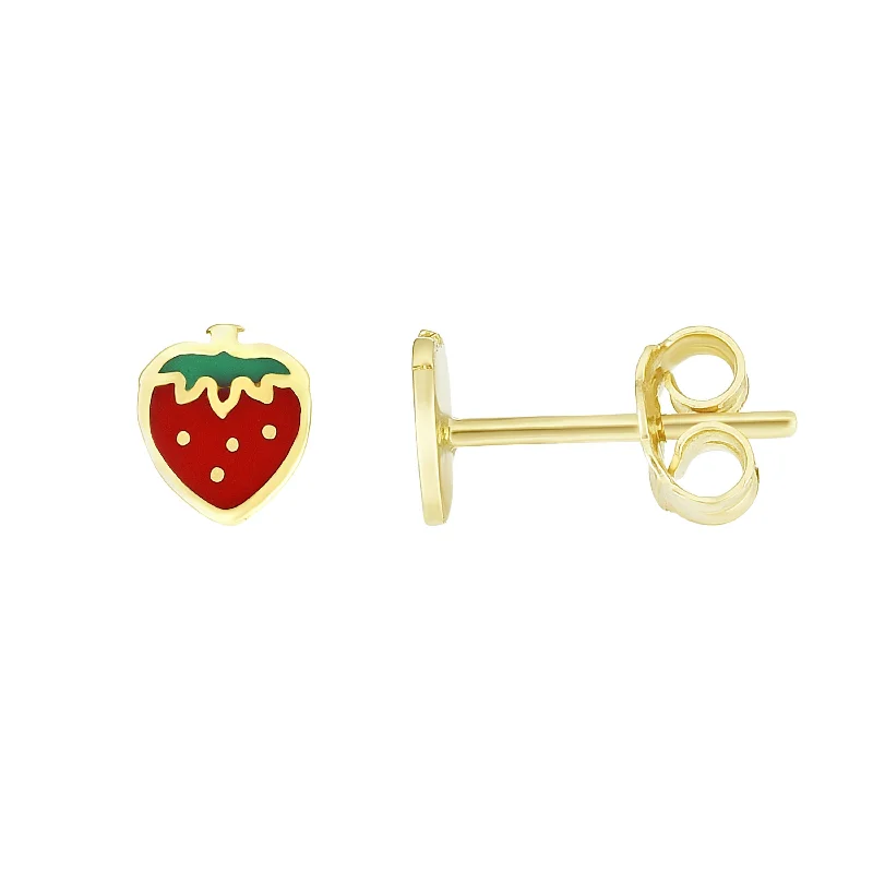 Custom Drop Stud Earrings-14K Gold Enamel Strawberry Stud Earring