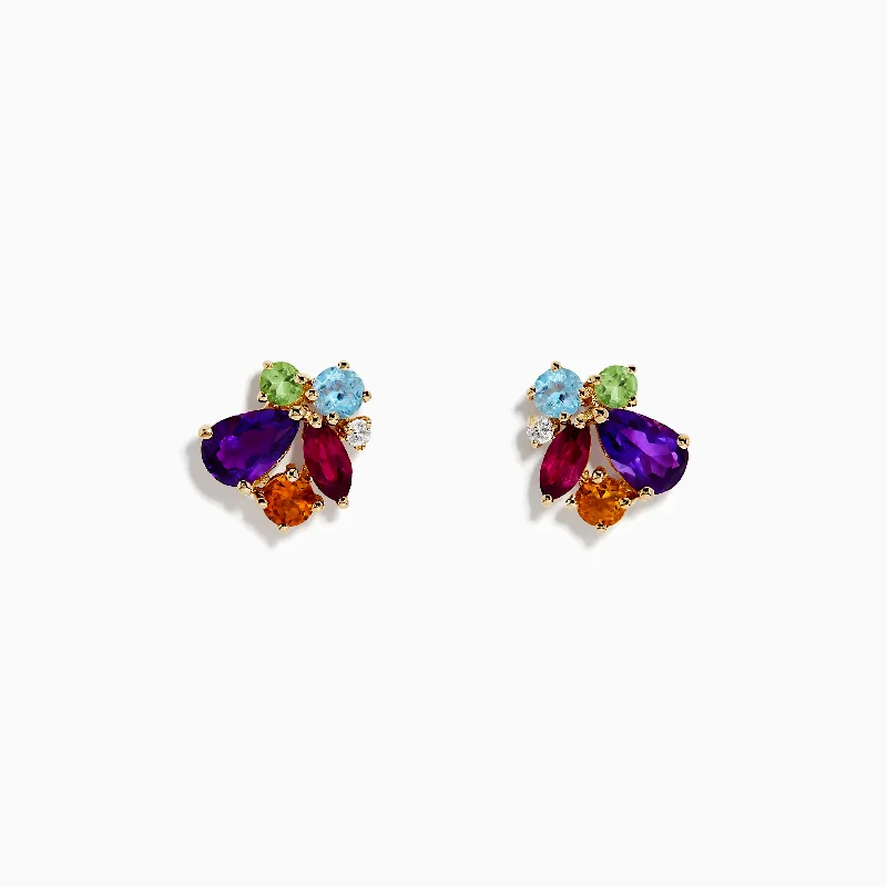 Fancy Drop Stud Earrings-Mosaic 14K Yellow Gold Multi Gemstone and Diamond Earrings