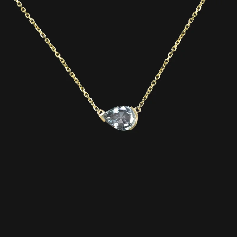 Crystal Necklaces-BLUE SAPPHIRE PENDANT NECKLACE PEAR CUT EAST WEST 14k YELLOW GOLD NATURAL 1.22ct