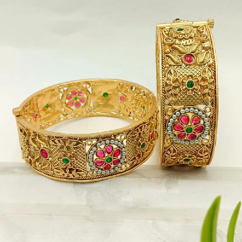 Bangles For Pakistani Weddings-FS Collection Gold Plated Pota Stone And Pearls Openable Bangle Set