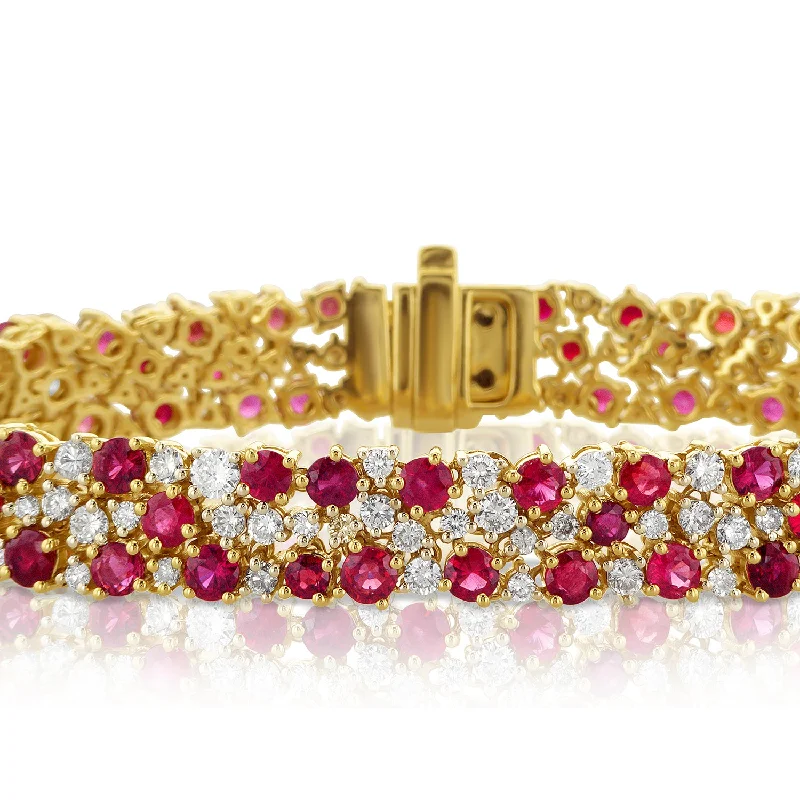 Custom-Made Bracelets-10.33 Carat Ruby & 4.27 Carat Natural Diamond Carpet Bracelet in 14K Yellow Gold