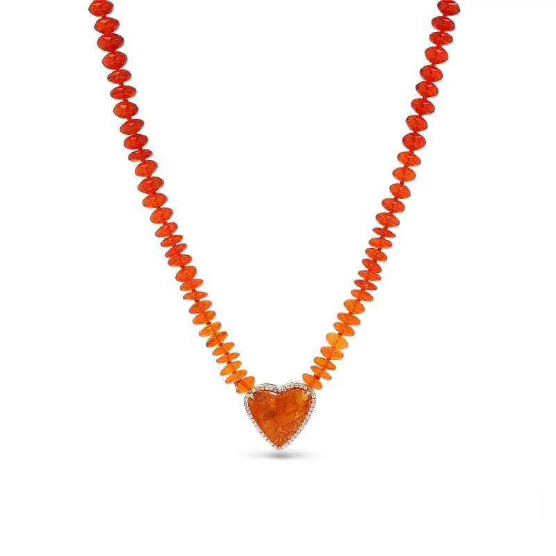 Pendant Necklaces-14k Mexican Fire Opal Heart Pendant on Mexican Fire Opal Necklace - 19.5"  NG002796