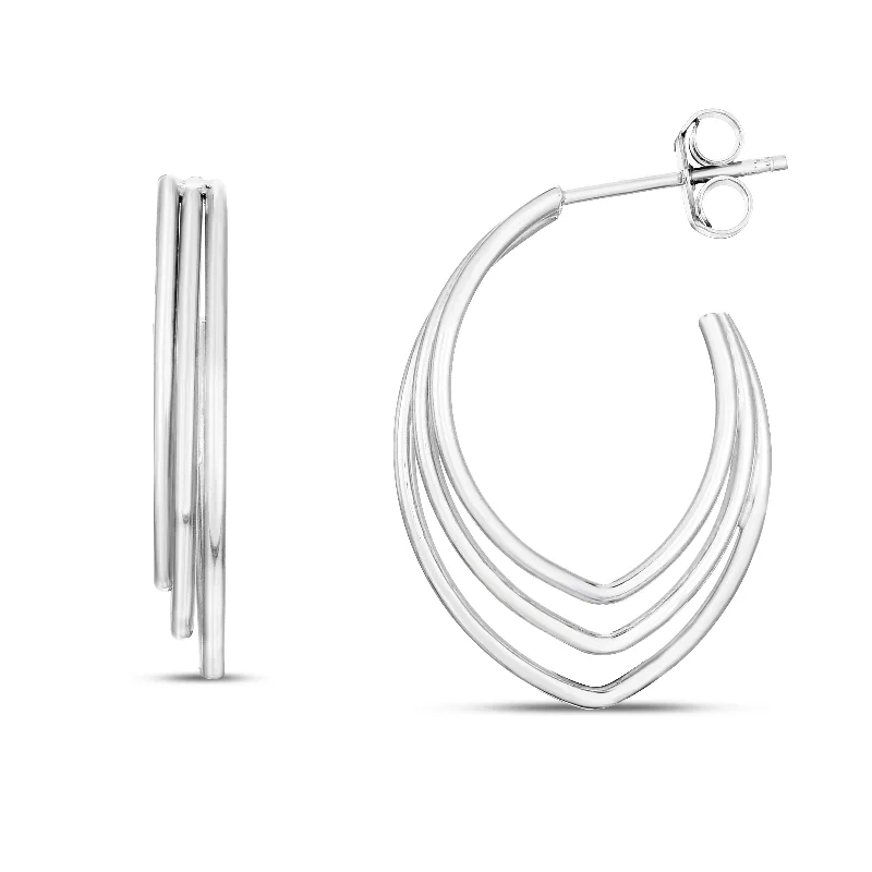 Oval Drop Earrings-Silver Triple Row V Shape Hoops