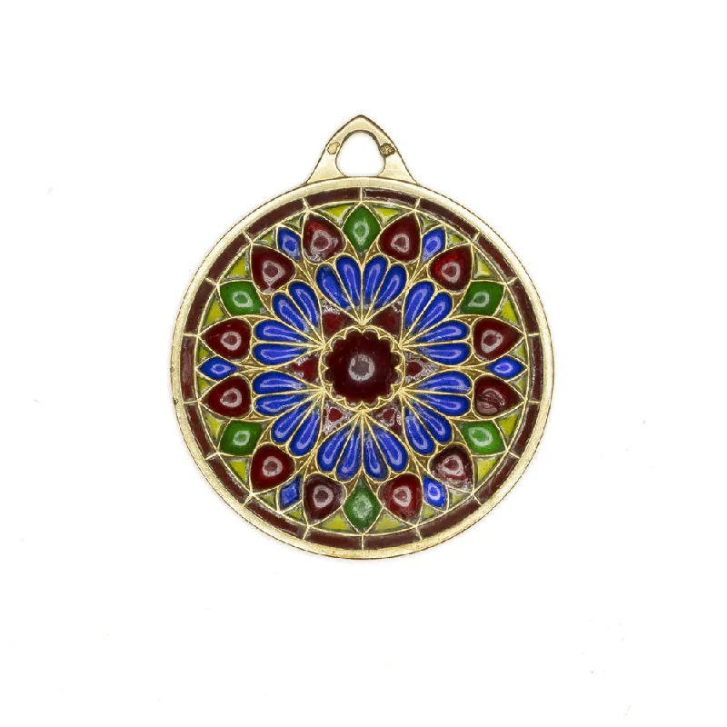 Luxury Gold Pendant Necklaces-ANTIQUE FRENCH PLIQUE A JOUR 18k PENDANT MANDALA ENAMEL YELLOW GOLD NECKLACE