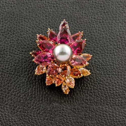 Decorative Brooch With Flowers-Pearl & Tourmaline Flower Brooch