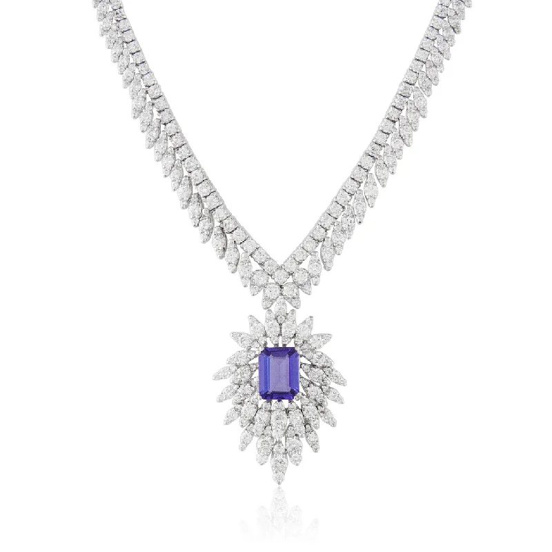 Vintage Diamond Necklaces-18k White Gold 9.47ct Diamond Tanzanite Necklace