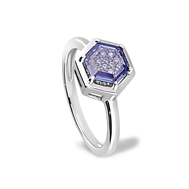 Vintage Diamond Rings-Platinum Finish Sterling Silver Flat Hexagon Synthetic Tanzanite Ring with Simulated Diamonds - Size 5