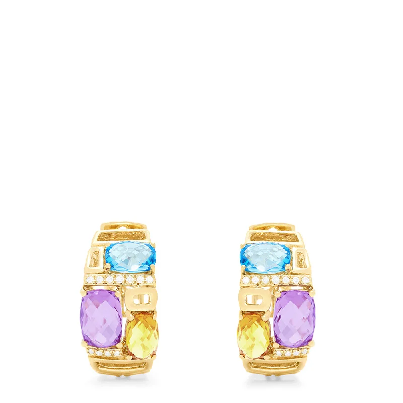 Crystal Heart Earrings-Mosaic 14K Yellow Gold Multi Color and Diamond Hoop Earrings, 4.83 TCW