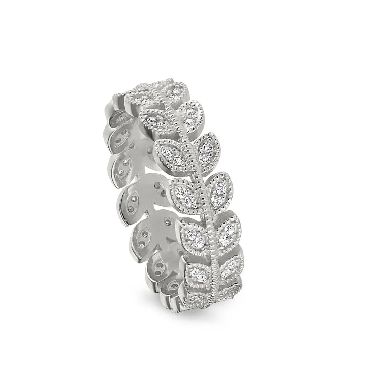 Couples Matching Rings-Platinum Finish Sterling Silver Micropave Leaf Ring with Simulated Diamonds