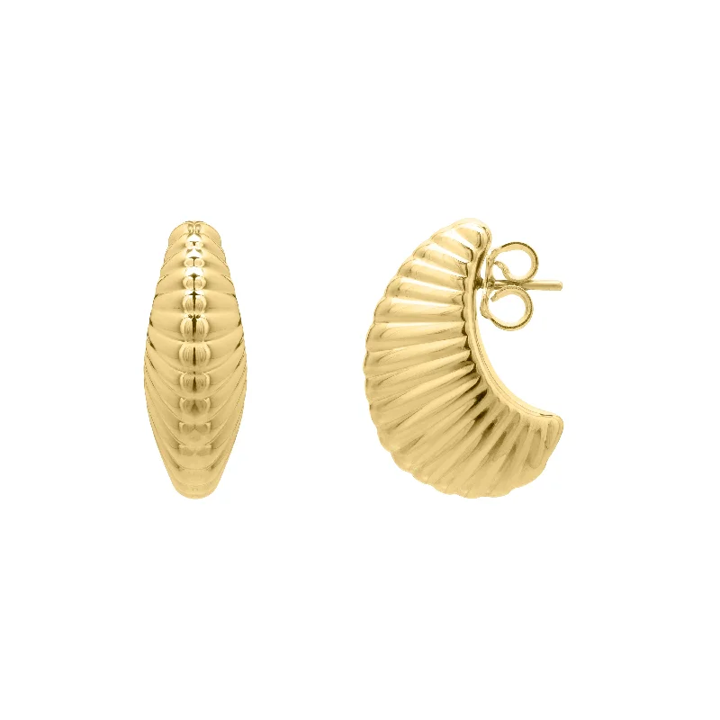 White Gold Earrings-14K Gold Graduated Puffy Ribbed Shell Hoops