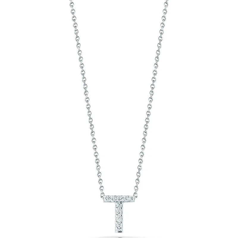 Boho Necklaces-Tiny Treasures 0.04Ct Diamond Love Letter "T" necklace in 18K White Gold