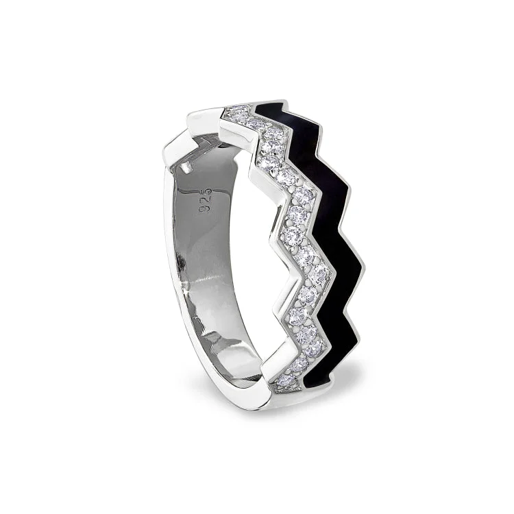 Celtic Wedding Rings-Platinum Finish Sterling Silver Micropave Ring with with Black Enamel and Simulated Diamondss