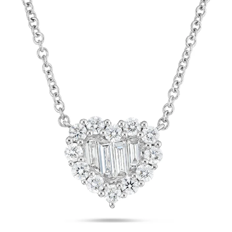 Nature-themed Necklaces-18K White Gold 0.92ct Baguette Diamond Heart Cluster Necklace