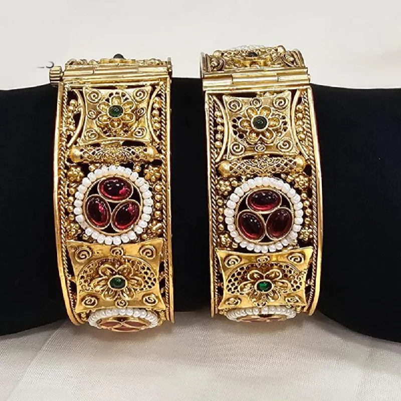 Bangles With Detailed Craftsmanship-FS Collection Gold Plated Pota Stone Openable Bangle Set