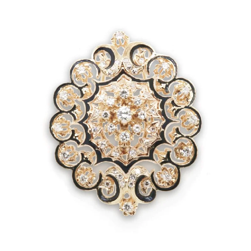 Designer Brooch With Crystals-Yellow Gold Brooch With Diamonds Antique Look