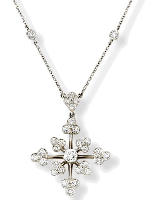 Cross Necklaces-PLAT 1 RB DIA=0.22CT & 34 FC DIAS=0.96CTS LACE SNOWFLAKE DESIGN NECKLACE ON DIAMOND ACCENTED CABLE CHAIN