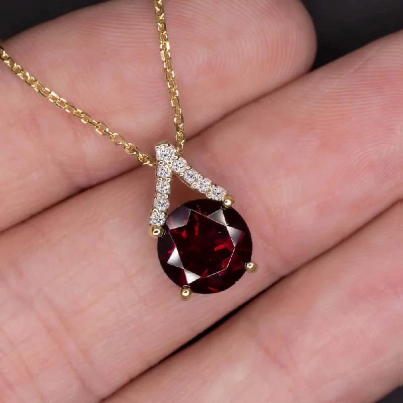 Dainty Necklaces-GARNET NATURAL DIAMOND PENDANT 14K YELLOW GOLD NECKLACE RED JANUARY BIRTHSTONE