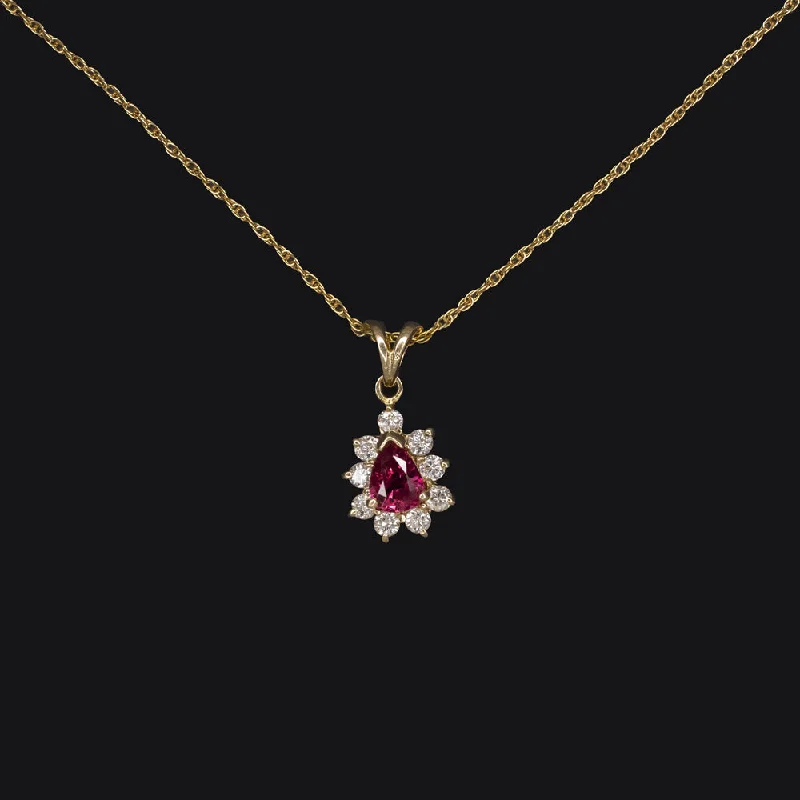 Gold Heart Necklaces-RUBY DIAMOND PENDANT NECKLACE 14k YELLOW GOLD PEAR SHAPE HALO NATURAL TEARDROP