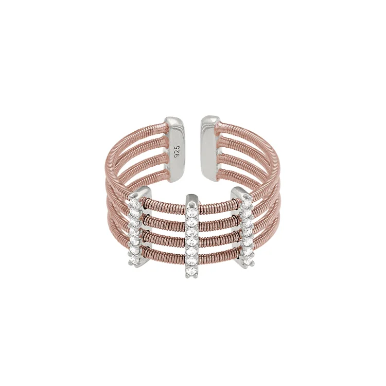 Wedding Bands With Diamonds-Rose Gold Finish Sterling Silver Multi Cable Cuff Ring with Rhodium Finish Simulated Diamond Vertical Bars