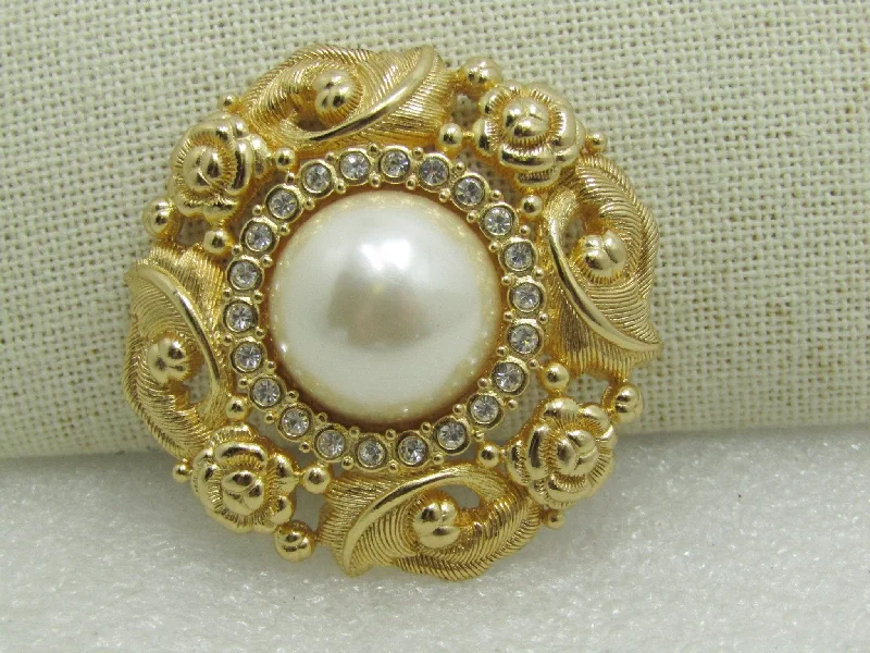 Beautiful Pearl Brooch-Burberrys  Faux Pearl & Crystal Brooch, Victorian Themed, Gold Tone, 1.75",