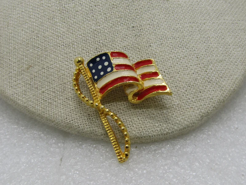 Flower Brooch-Enamel USA Flag Brooch, Gold Tone, 1.75" Tall