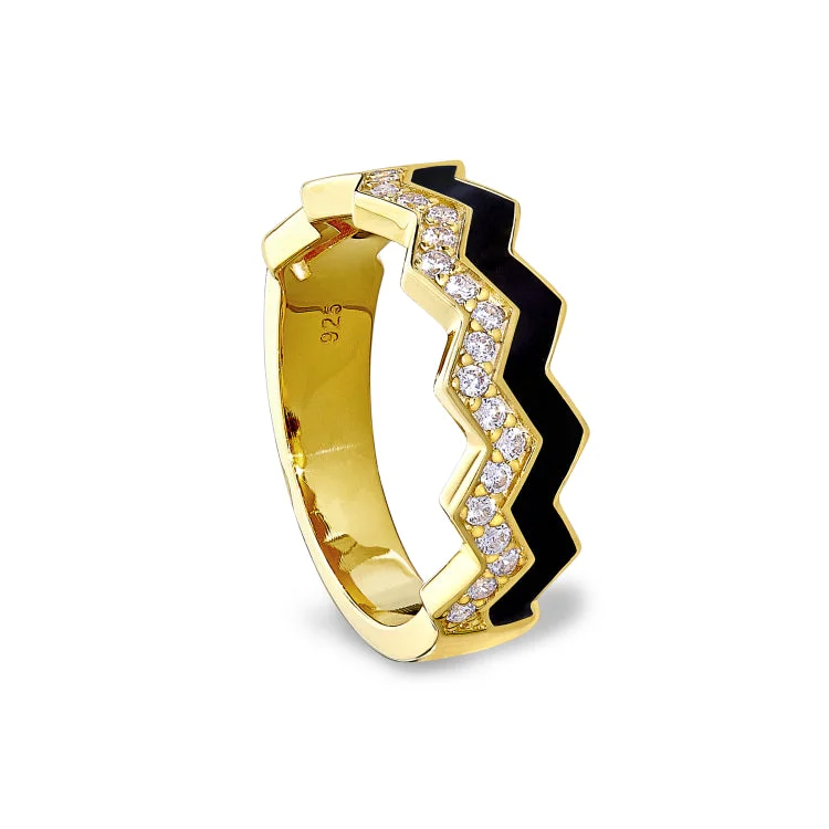 Statement Rings-Gold Vermeil Sterling Silver Micropave Ring with with Black Enamel and Simulated Diamondss