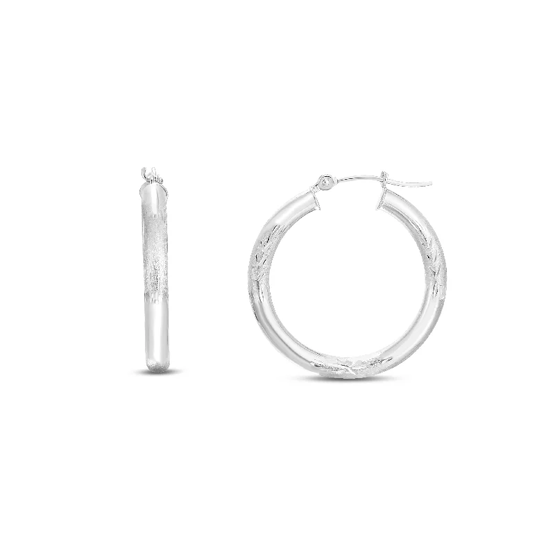 Unique Designer Earrings-14K White Gold 3mm Diamond Cut & Polished Design Hoop Earring