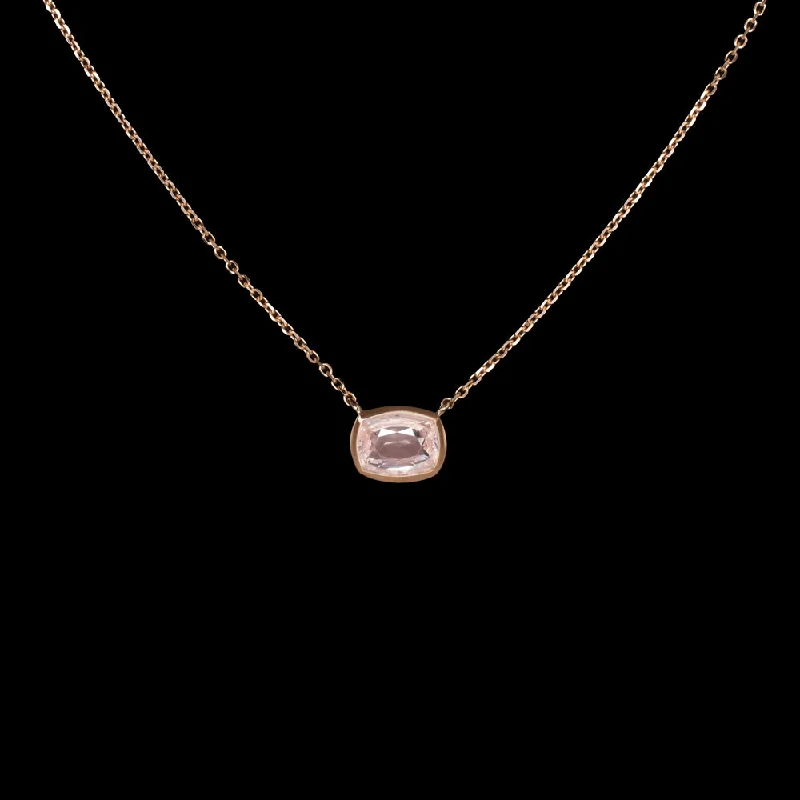 Geometric Necklaces-PEACH SAPPHIRE PENDANT NECKLACE CUSHION BEZEL EAST WEST 14k ROSE GOLD 1.23ct