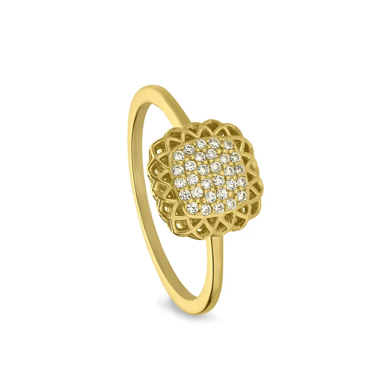 Custom Gold Rings-Gold Finish Sterling Silver Micropave Pillow with Filigree Edge Ring with Simulated Diamonds