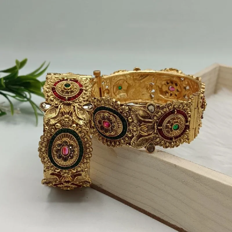 Bangles For Punjabi Style-FS Collection Gold Plated Pota Stone And Pearls Openable Bangle Set